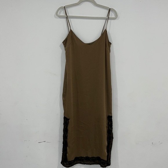 ZARA Olive Green Satin Slip Midi Dress with side slits size Medium - Picture 4 of 17